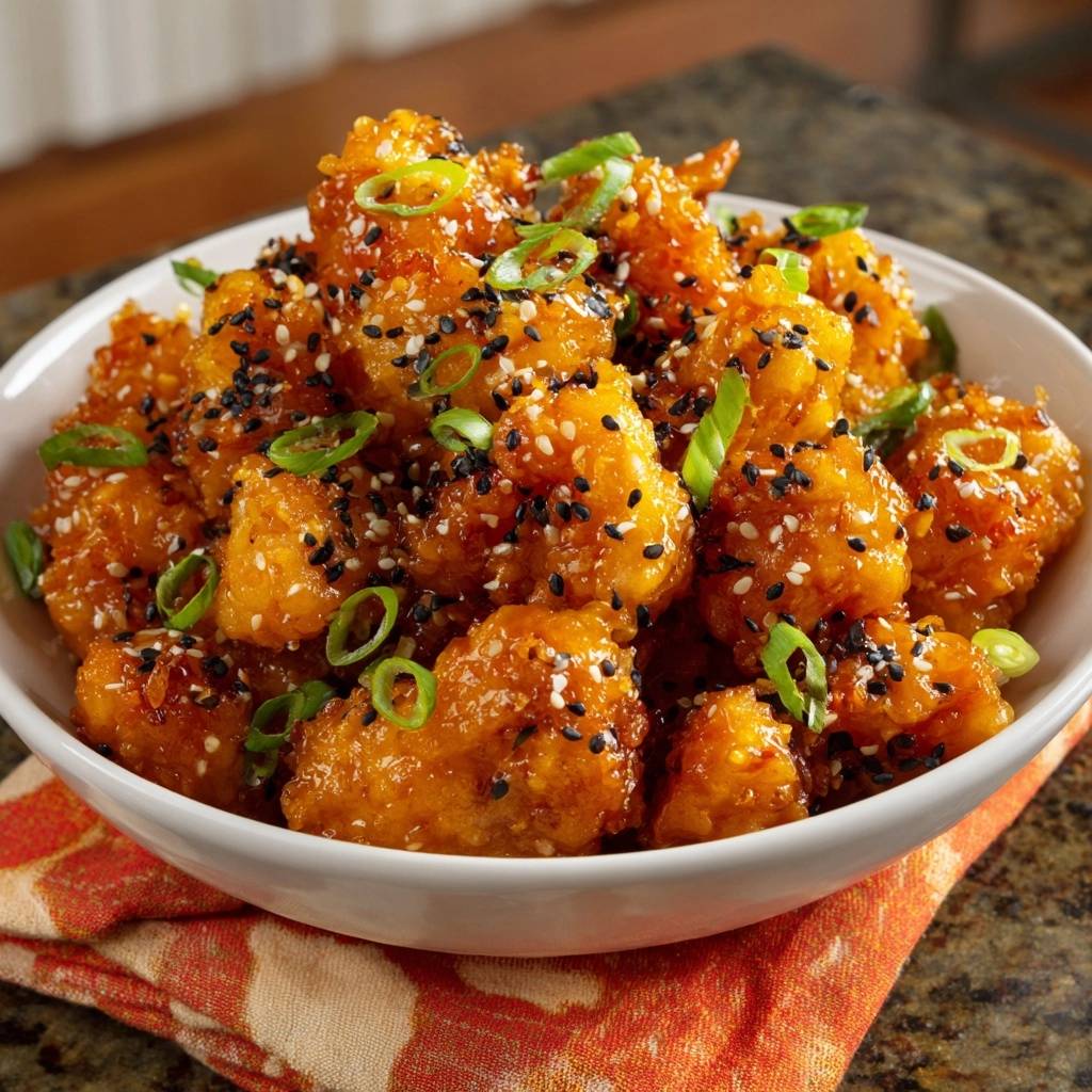 Sticky orange cauliflower bites generously garnished with sesame seeds and sliced green onions.