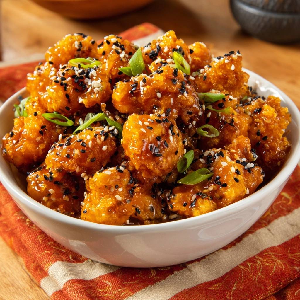 Sticky orange cauliflower bites generously garnished with black and white sesame seeds and green onions.