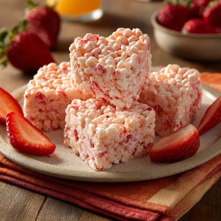 Strawberry Rice Krispie Hearts with Foolproof Pan Release, presented on a plate with fresh strawberry slices.