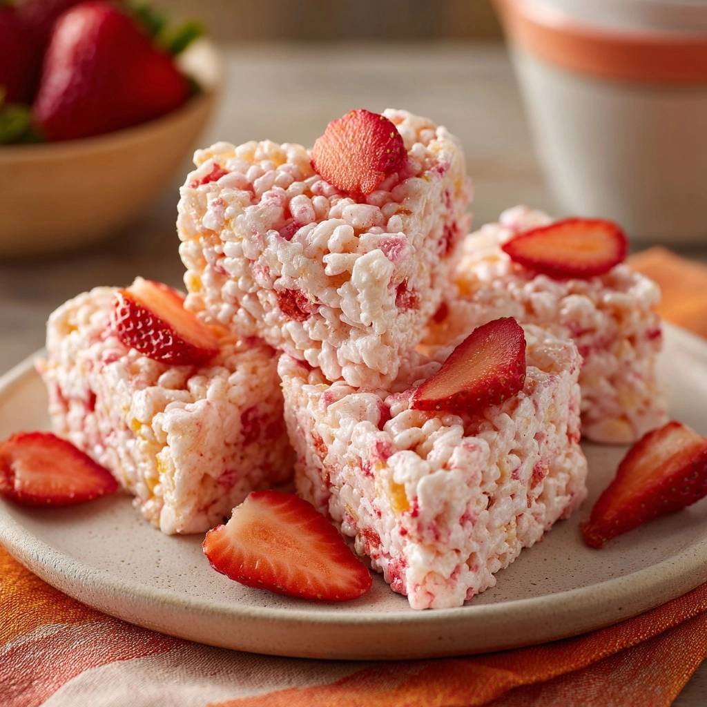 Strawberry Rice Krispie Hearts stacked on a plate, garnished with fresh strawberry slices.