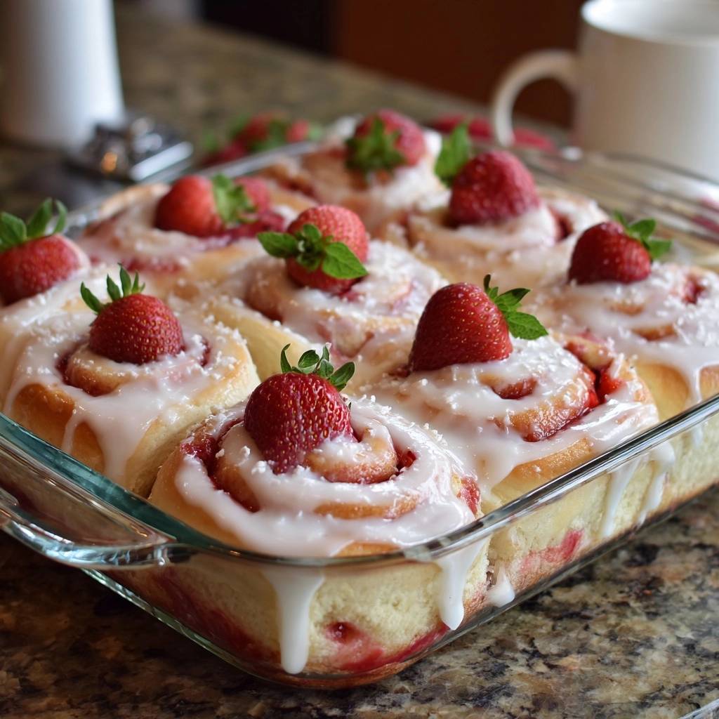 Strawberry rolls in a glass baking dish, topped with fresh strawberries and white glaze, showcasing their bakery-style perfection.