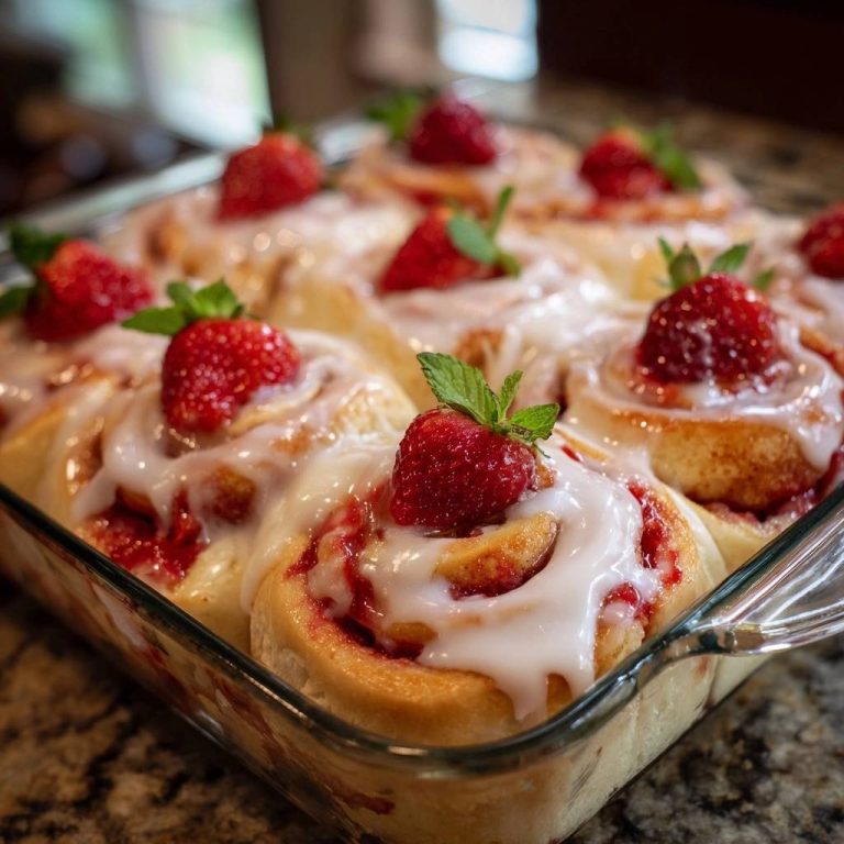 Strawberry rolls pan of frosted baked treats topped with fresh strawberries and mint leaves in a glass dish.