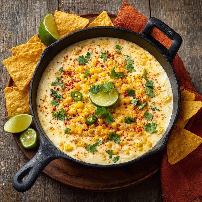 Street corn queso dip in a cast iron skillet, garnished with cilantro, jalapeƱos, and lime wedges, served with tortilla chips.