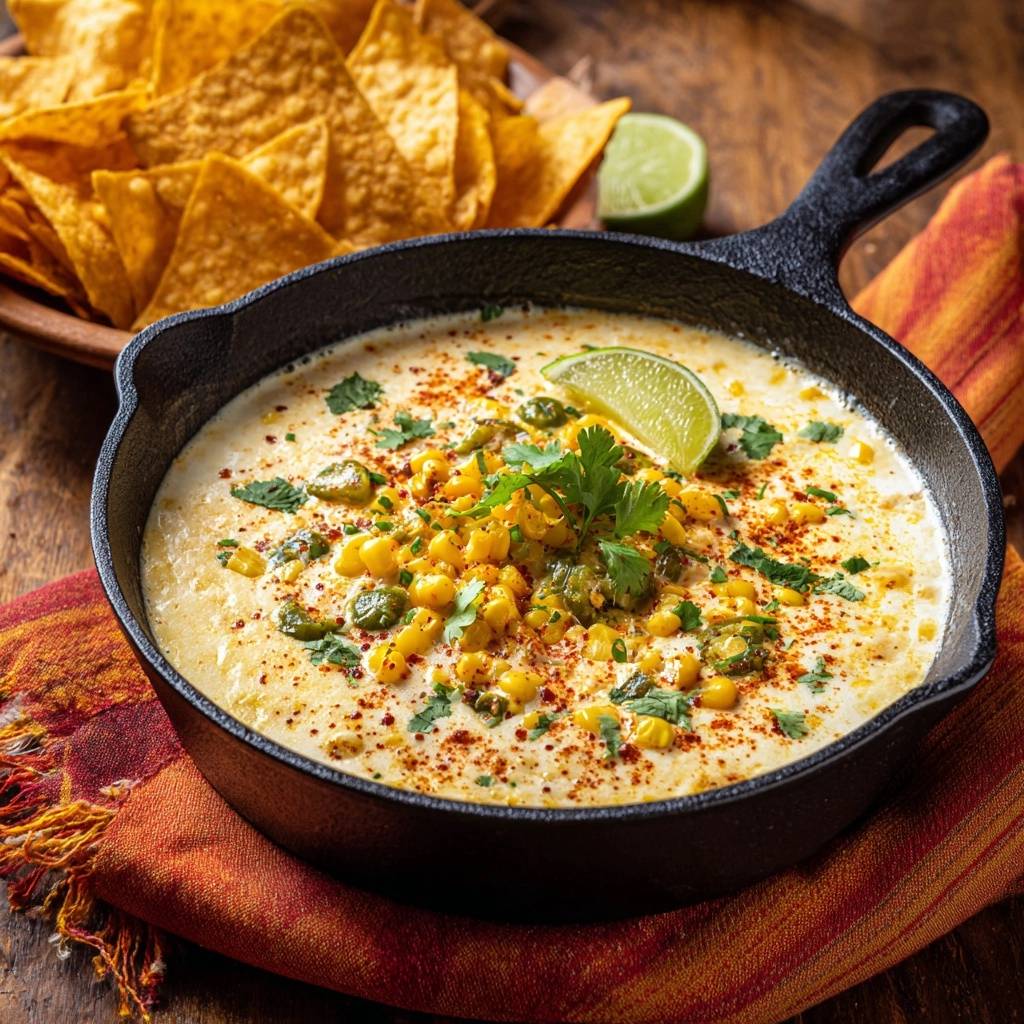 Street Corn Queso Dip served in a cast iron skillet, garnished with cilantro, jalapeños, and a lime wedge.