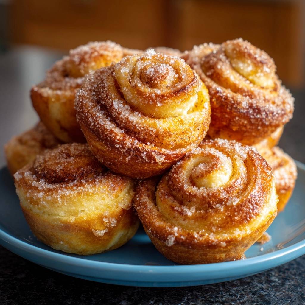 Sugared cinnamon morning buns with a crisp base piled high on a blue plate, showing a close-up view of their textured topping.