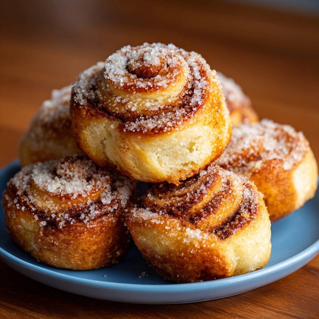 Sugared cinnamon morning buns with a crisp base, piled high on a blue plate, showcasing their sugary topping.