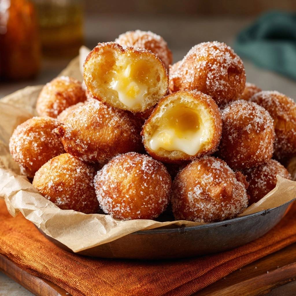 Sugared fried cheese balls cross-section revealing a creamy, molten cheese filling inside the golden-brown exterior.