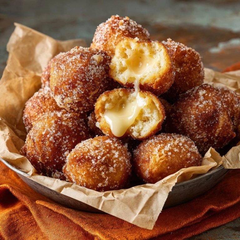 Sugared fried cheese balls with a close-up cross-section revealing a creamy, oozing cheese filling.