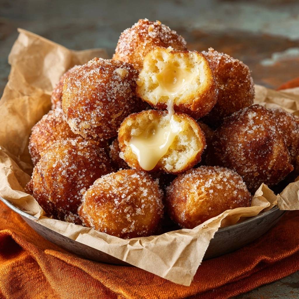 Sugared fried cheese balls with a close-up cross-section revealing a creamy, oozing cheese filling.