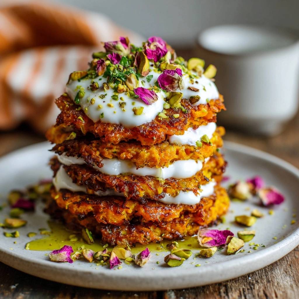 Crispy sweet potato latkes stacked high with creamy yogurt and topped with pistachios and rose petals.