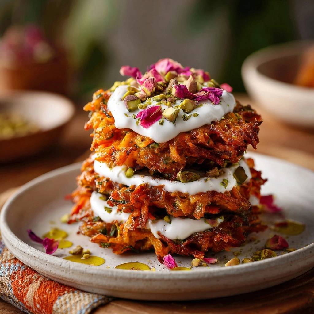 Crispy sweet potato latkes stacked high with creamy yogurt and topped with pistachios and rose petals.