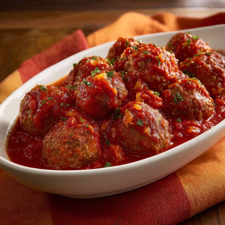 Tender Italian meatballs swimming in a rich tomato sauce, garnished with fresh parsley, presented in a white oval dish.
