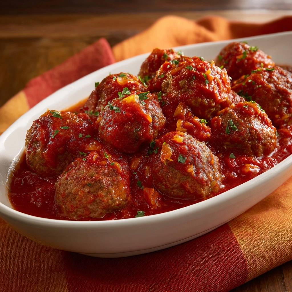 Tender Italian meatballs swimming in a rich tomato sauce, garnished with fresh parsley, presented in a white oval dish.