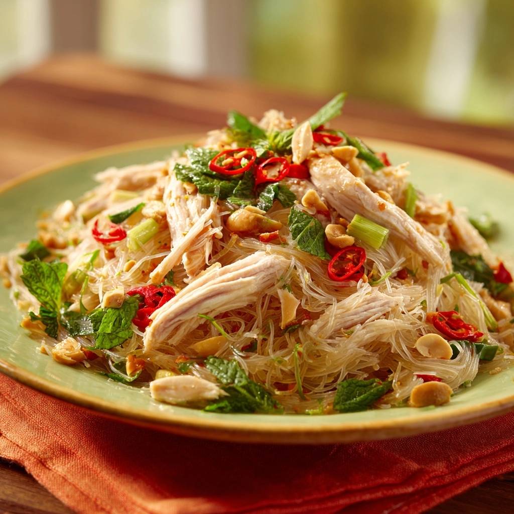 Zesty Thai chicken noodle salad served on a plate, garnished with chili slices and peanuts.