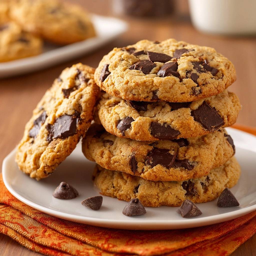 Thick chewy chocolate chip cookies stacked on a plate with chocolate chips scattered around.