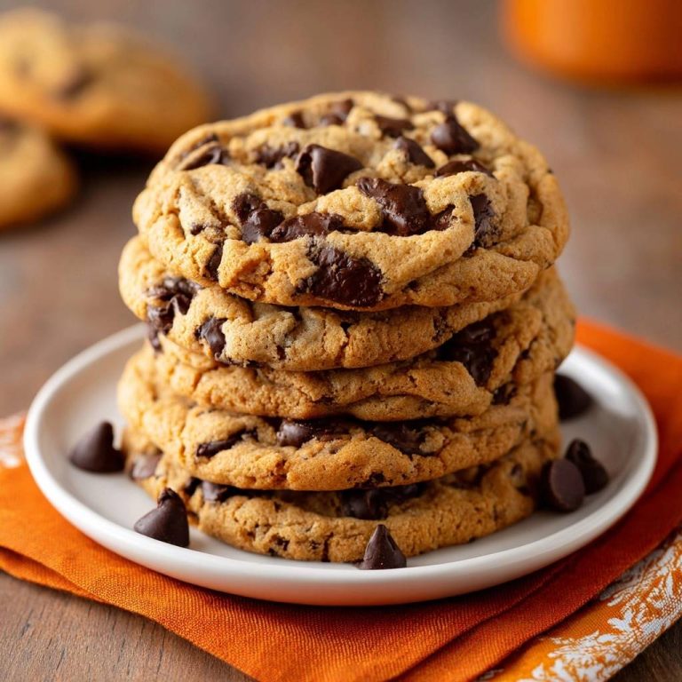 Thick chewy chocolate chip cookies recipe shown as a close-up stack with chocolate chips scattered around the plate.