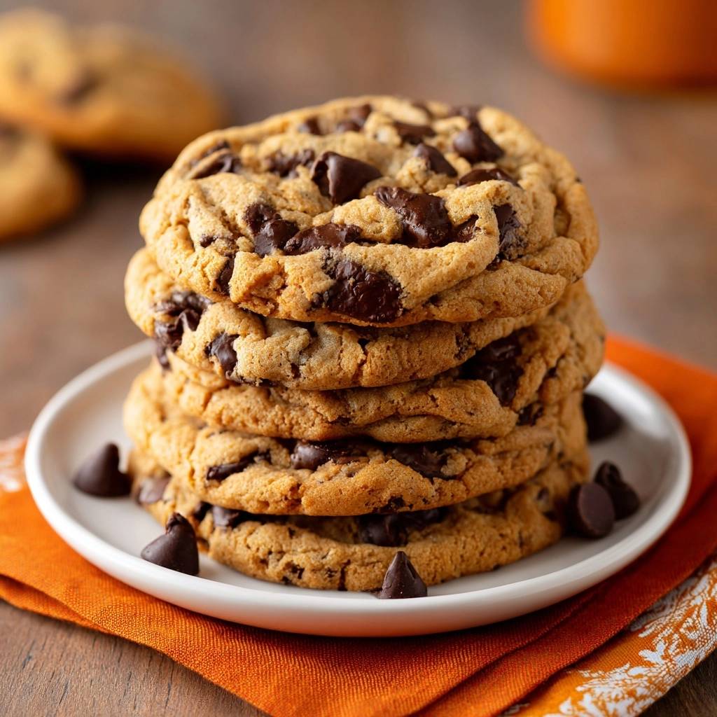Thick chewy chocolate chip cookies recipe shown as a close-up stack with chocolate chips scattered around the plate.