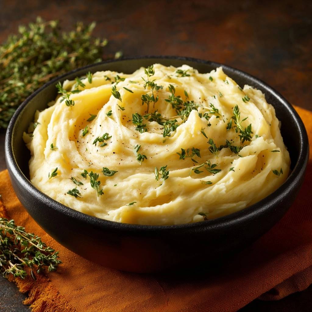 Ultra-creamy thyme mashed potatoes recipe shown in a rustic bowl, generously garnished with fresh thyme sprigs and black pepper.