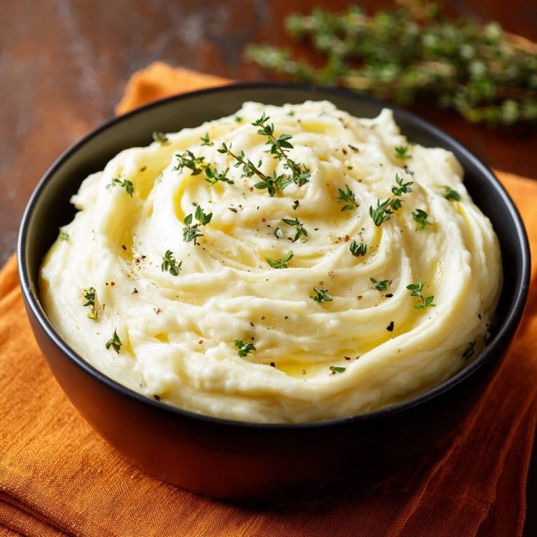 Ultra-creamy thyme mashed potatoes recipe served in a black bowl, garnished with fresh thyme and black pepper.