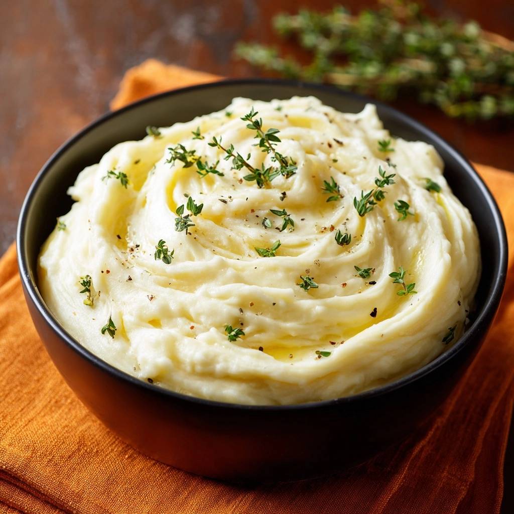 Ultra-creamy thyme mashed potatoes recipe served in a black bowl, garnished with fresh thyme and black pepper.