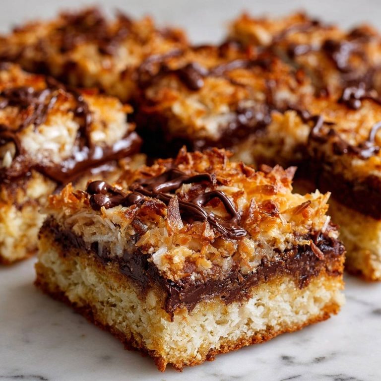 Toasted coconut chocolate bars with a crisp shortbread base shown in a close-up cross-section revealing layers.
