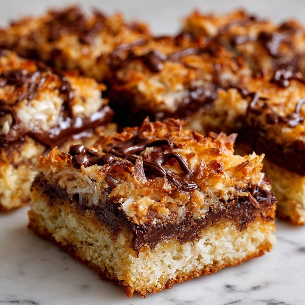 Toasted coconut chocolate bars with a crisp shortbread base shown in a close-up cross-section revealing layers.