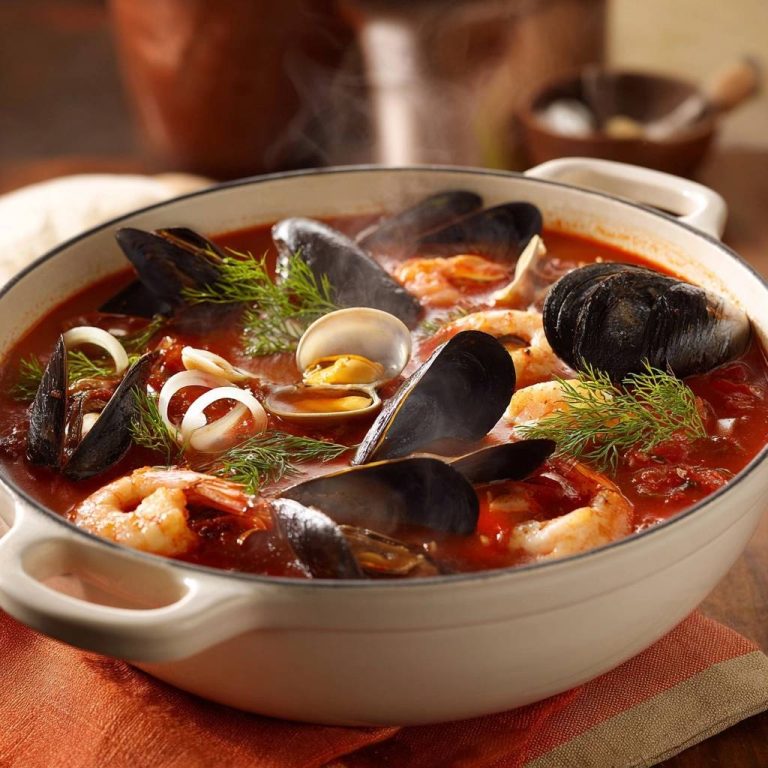 Tomato seafood stew with mussels, clams, and shrimp served hot and steaming in a white pot, close-up view.
