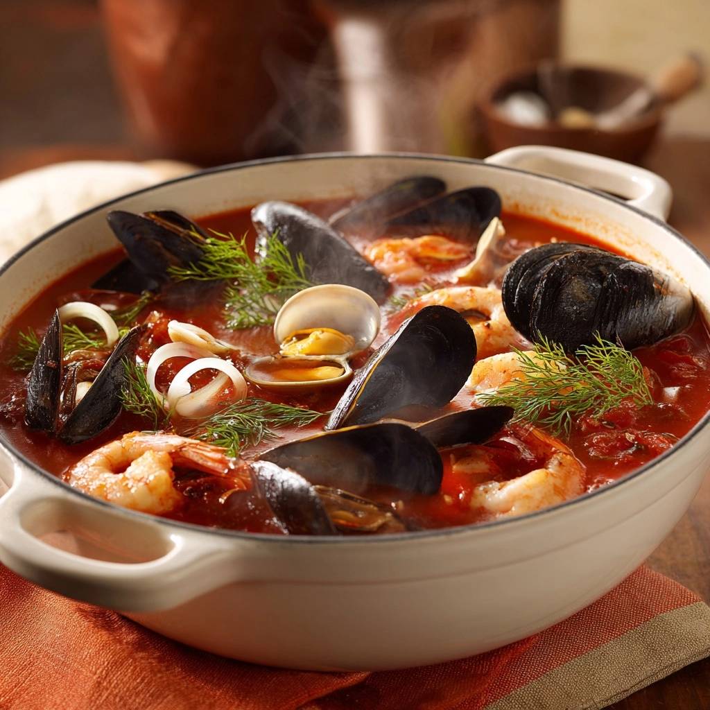 Tomato seafood stew with mussels, clams, and shrimp served hot and steaming in a white pot, close-up view.