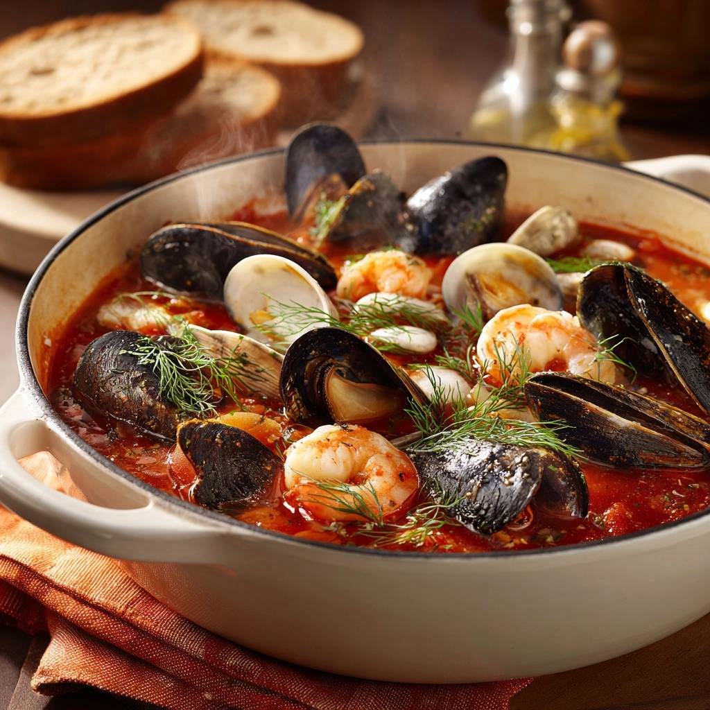 Tomato seafood stew with mussels, clams, and shrimp steaming in a white Dutch oven, garnished with dill.