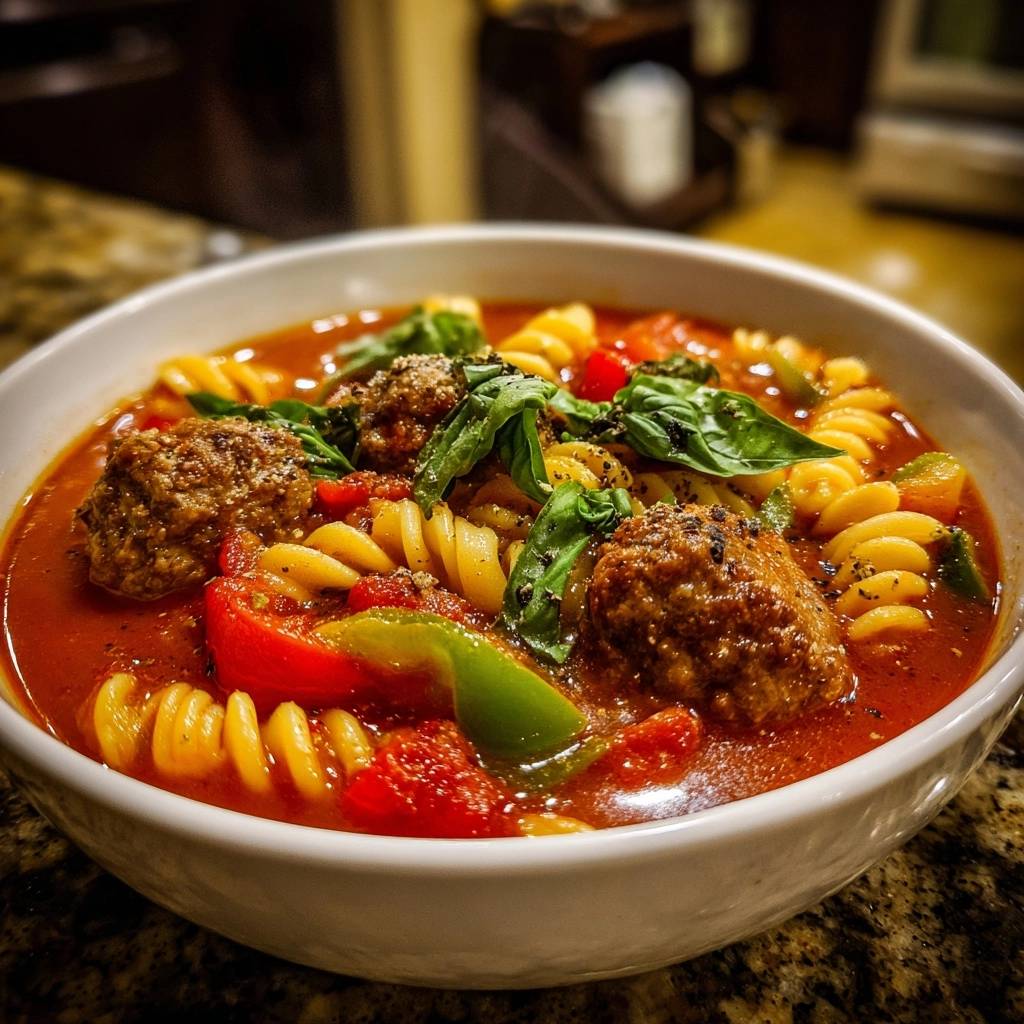 Tri-color pepper meatball fusilli served in a white bowl, showcasing tender meatballs, pasta spirals, and vibrant bell peppers in a rich tomato sauce.