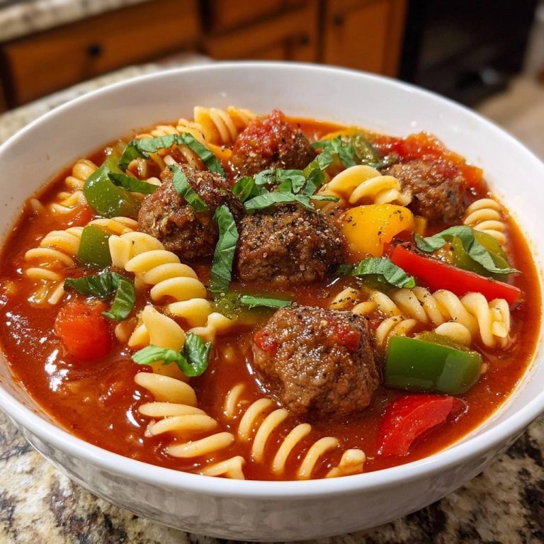 Tri-color pepper meatball fusilli served in a white bowl, with a close-up view of the pasta and meatballs.