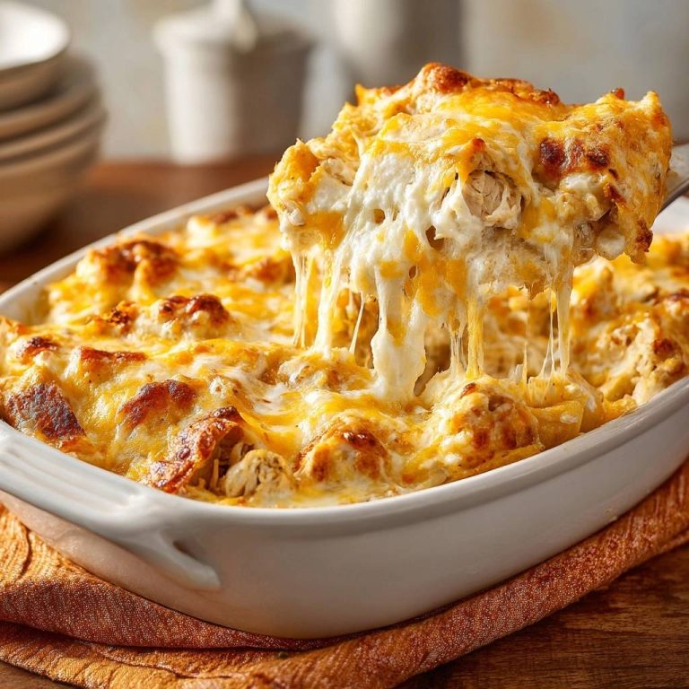 Ultra creamy cheesy chicken casserole with a generous cheese pull being lifted from the dish.
