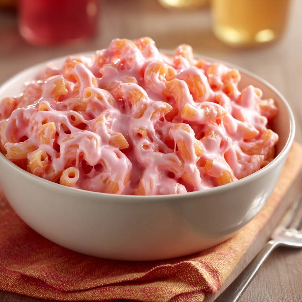 Ultra creamy elbow mac and cheese with a vibrant pink cheese sauce in a white bowl.