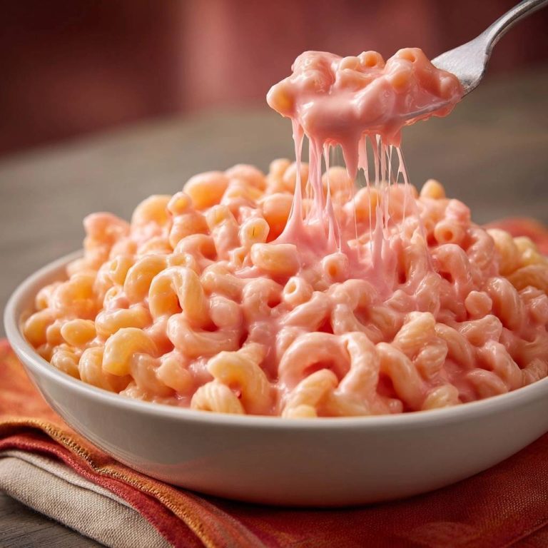 Ultra creamy mac and cheese being pulled up with a fork, showing long cheese strings.