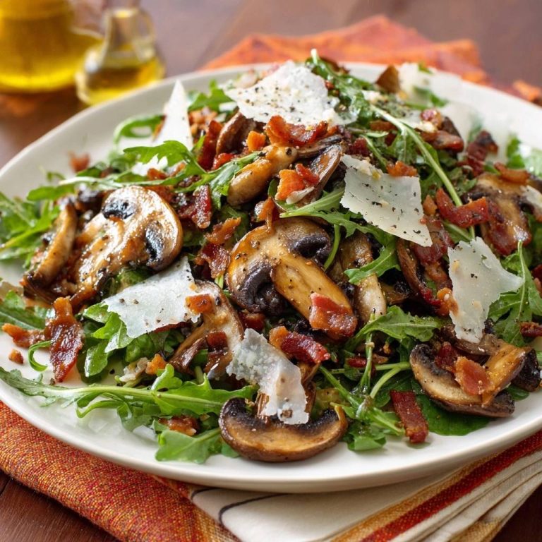 Warm bacon mushroom arugula salad plated close-up, featuring wilted greens, crispy bacon, and shaved parmesan cheese.