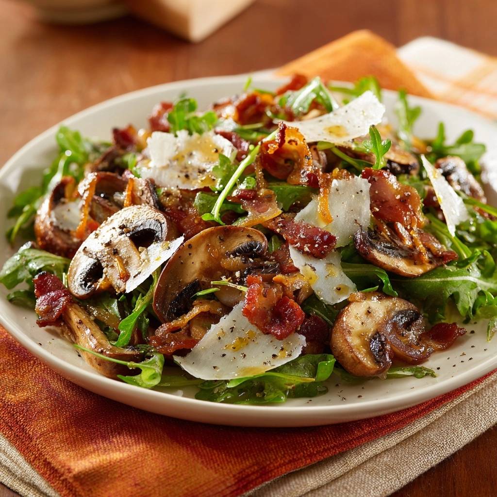 Warm bacon mushroom arugula salad plated with shaved parmesan and a drizzle of dressing in a close-up detail shot.