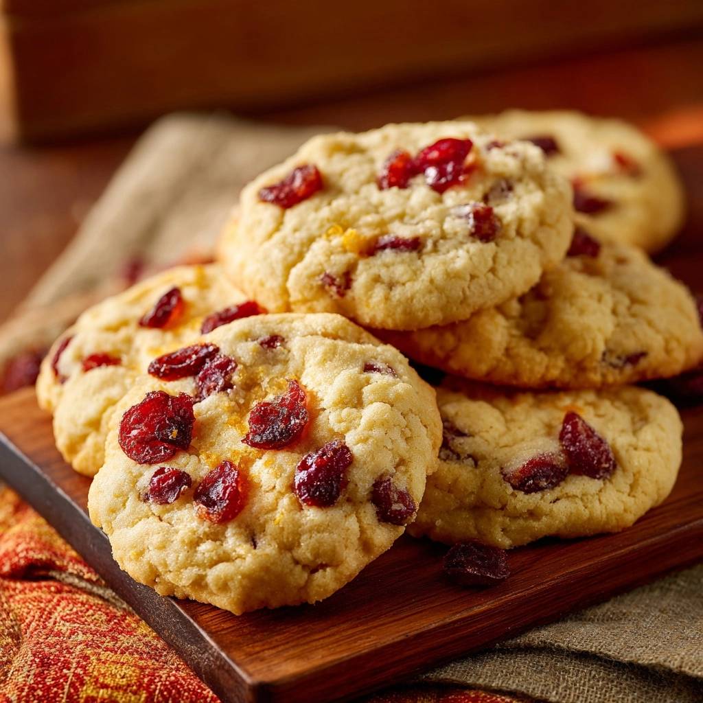 Soft-set white chocolate cranberry orange cookies stacked closely on a wooden board, showcasing dried cranberries and orange zest.