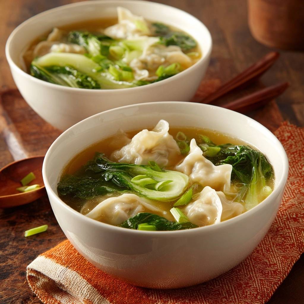Wonton soup with bok choy in two white bowls, one in the foreground showing intact wontons and broth.