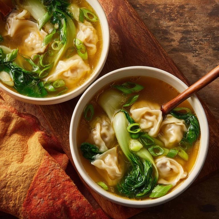 Wonton soup with bok choy in two white bowls, presented from an overhead perspective on a wooden board.