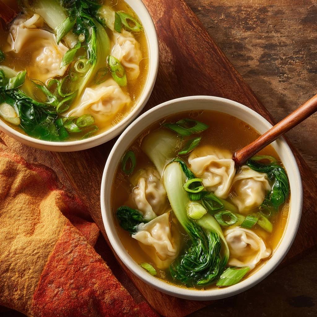 Wonton soup with bok choy in two white bowls, presented from an overhead perspective on a wooden board.