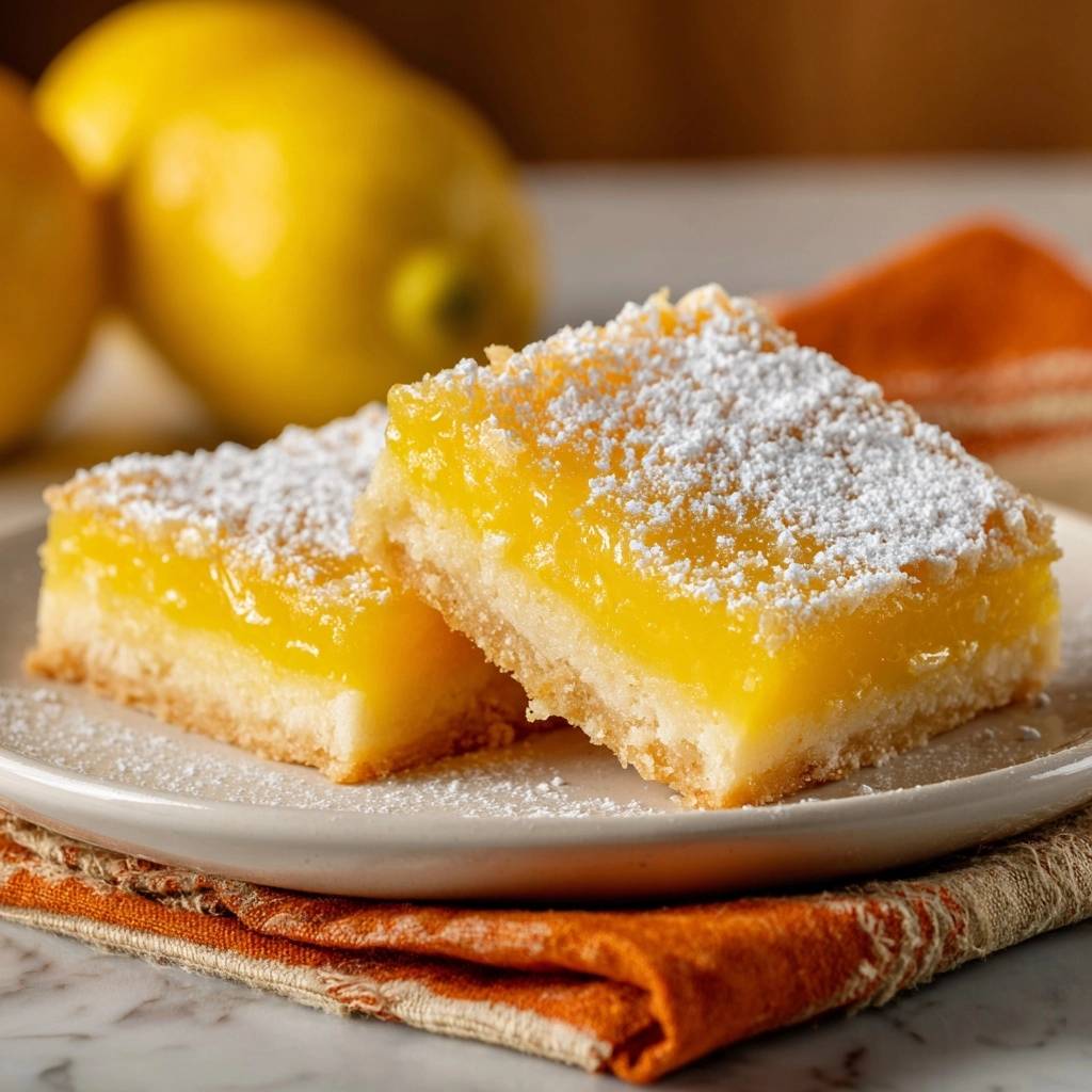 Classic zesty lemon bars with a crisp shortbread base dusted with powdered sugar, shown in a close-up cross-section.