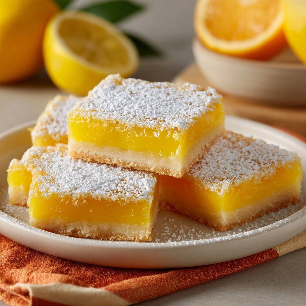 Classic zesty lemon bars with a crisp shortbread base stacked on a white plate, dusted with powdered sugar.