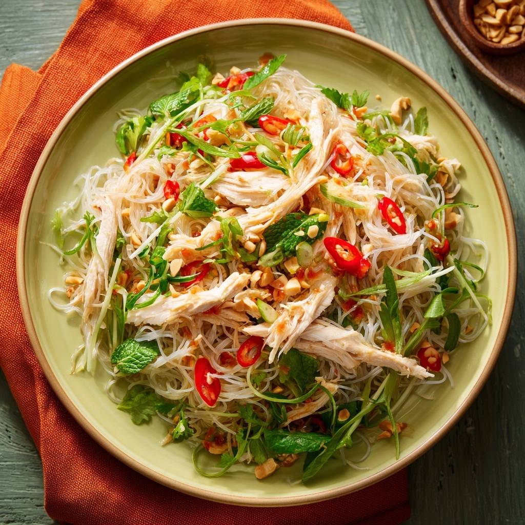 Zesty Thai chicken noodle salad served on a light green plate, showcasing shredded chicken, rice noodles, and fresh herbs in an overhead view.