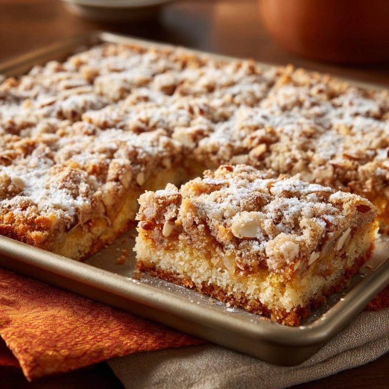Sheet pan almond coffee cake shown in a close-up cross-section revealing its moist interior and crumb topping.