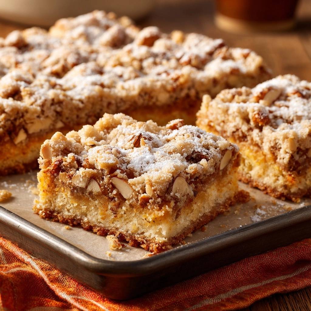 Mastering the Sheet Pan Almond Coffee Cake with a close-up of the crumb topping and almonds.