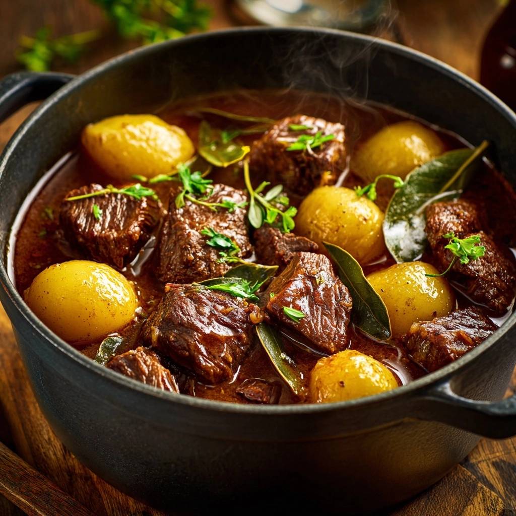 Slow-simmered beef and potato stew bubbling in a black Dutch oven, garnished with fresh herbs.