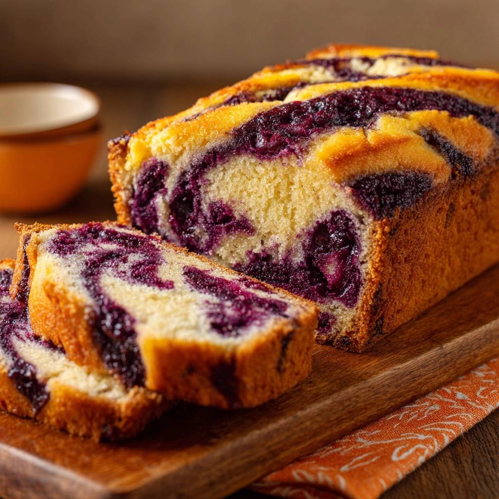 Blueberry swirl pound cake showing a detailed cross-section with distinct purple berry swirls and a golden crumb.