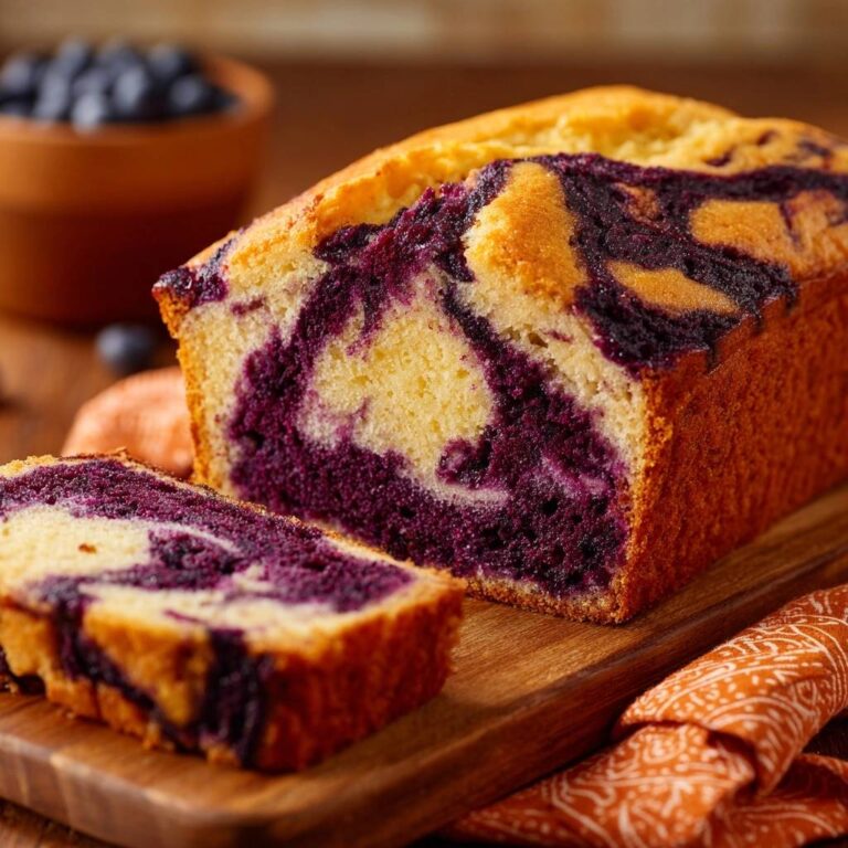 Blueberry swirl pound cake cross-section showing marbled batter and fresh blueberries on a wooden board.