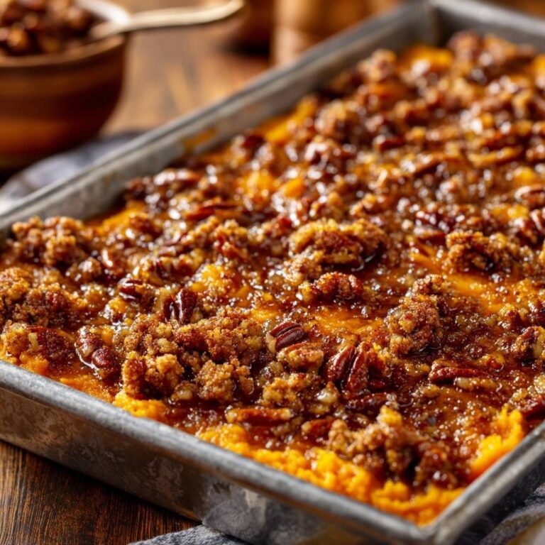 The Ultimate Brown Sugar Pecan Sweet Potato Casserole with a close-up view of the crumbly pecan topping.