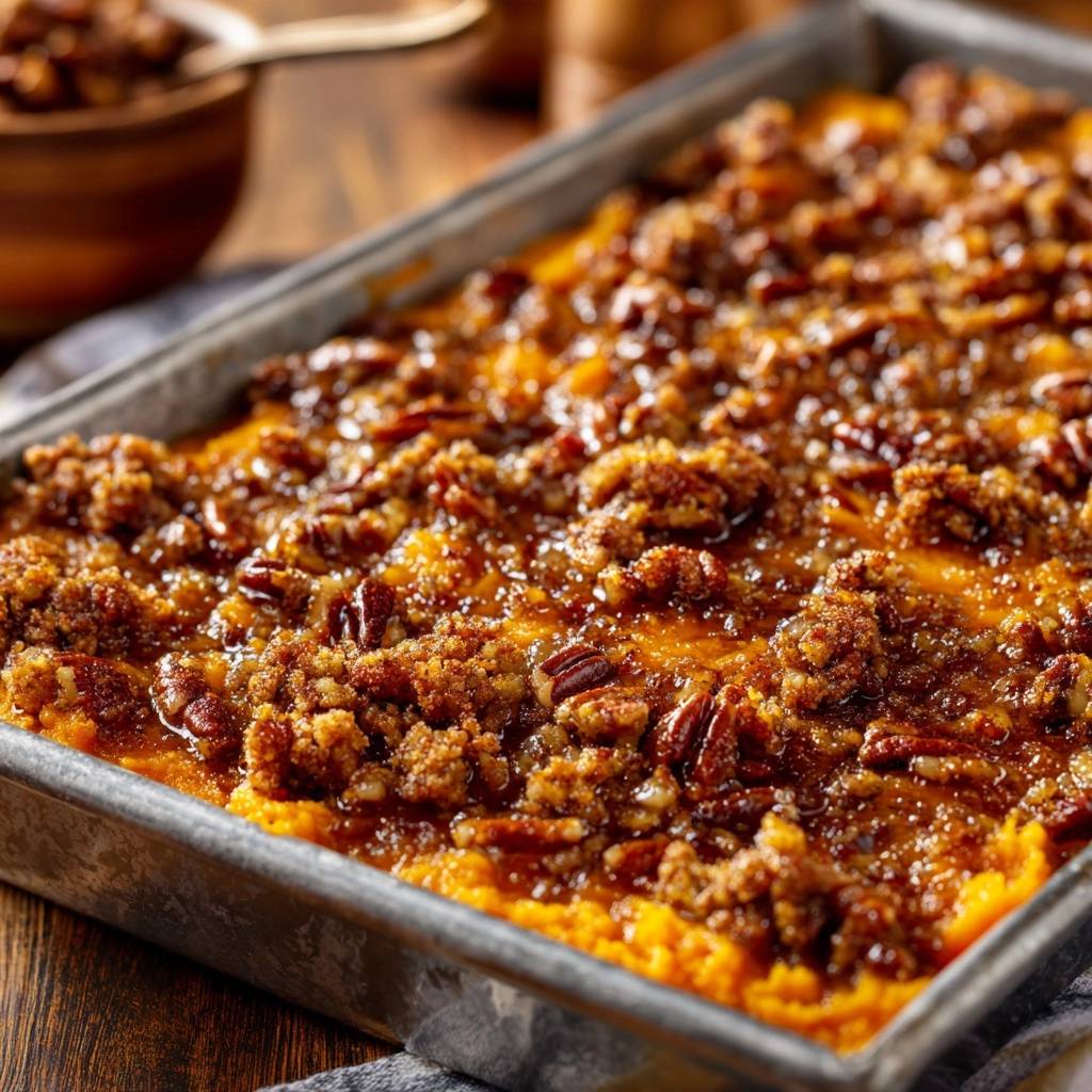 The Ultimate Brown Sugar Pecan Sweet Potato Casserole with a close-up view of the crumbly pecan topping.
